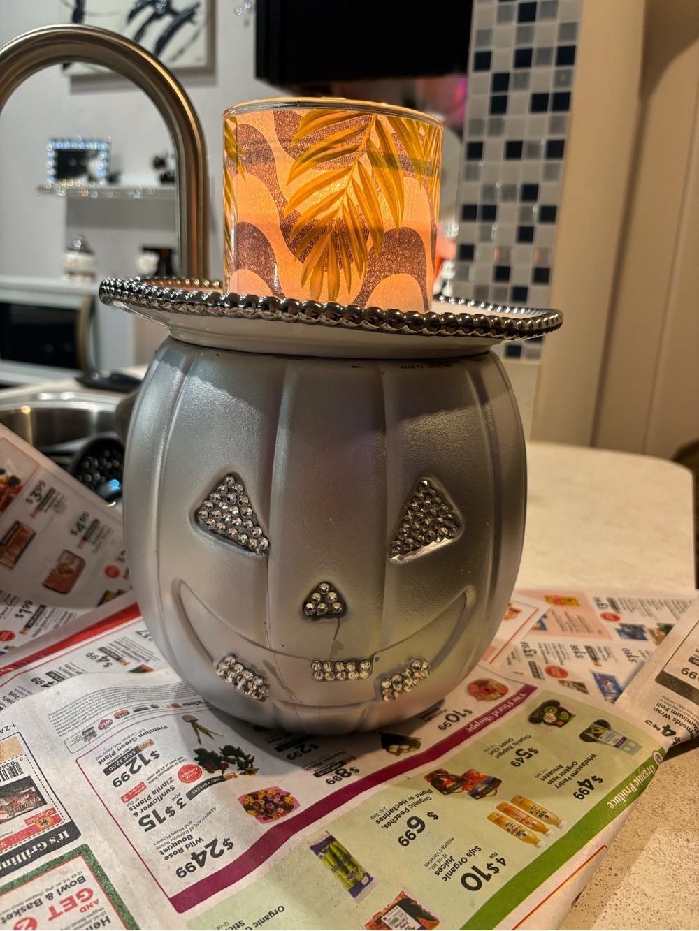 Silver Pumpkin Wax Warmer with Orange Glass Shade